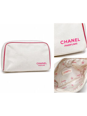 Chanel Parfums White Pink Logo Cosmetic Bag Makeup Pouch Travel Case
